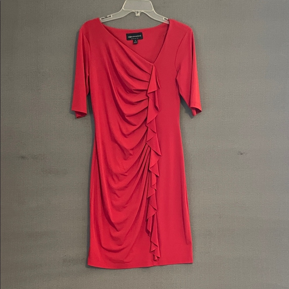 VIntage-Connected Rust Ruffle-Trim V-Neck Knee-Length Dress